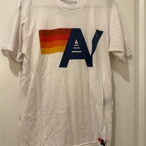 Aviator Nation White Tee with Navy 'A' and Red-Orange-Yellow Stripes